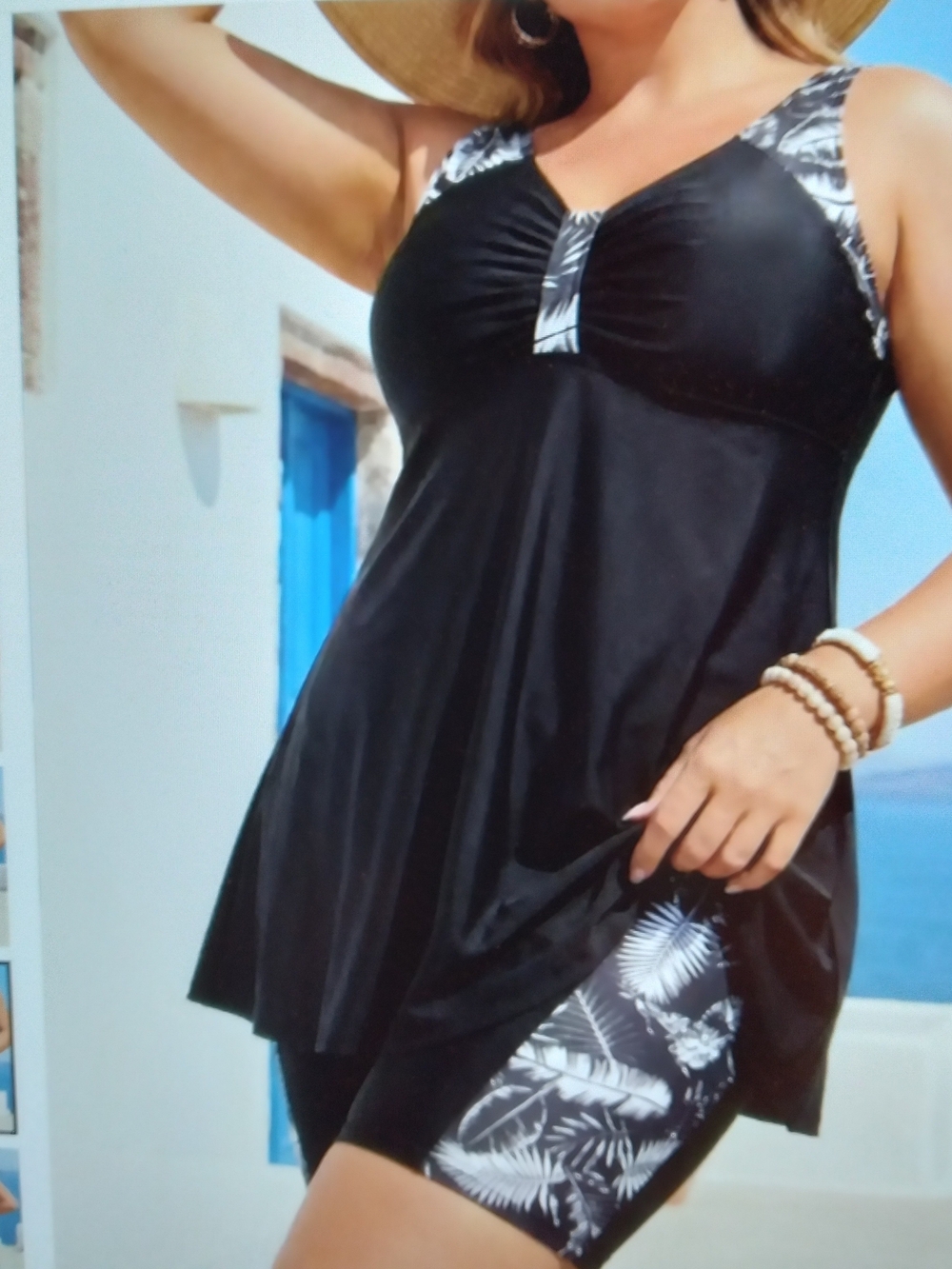 Women's Black Swimdress with Tropical Trim